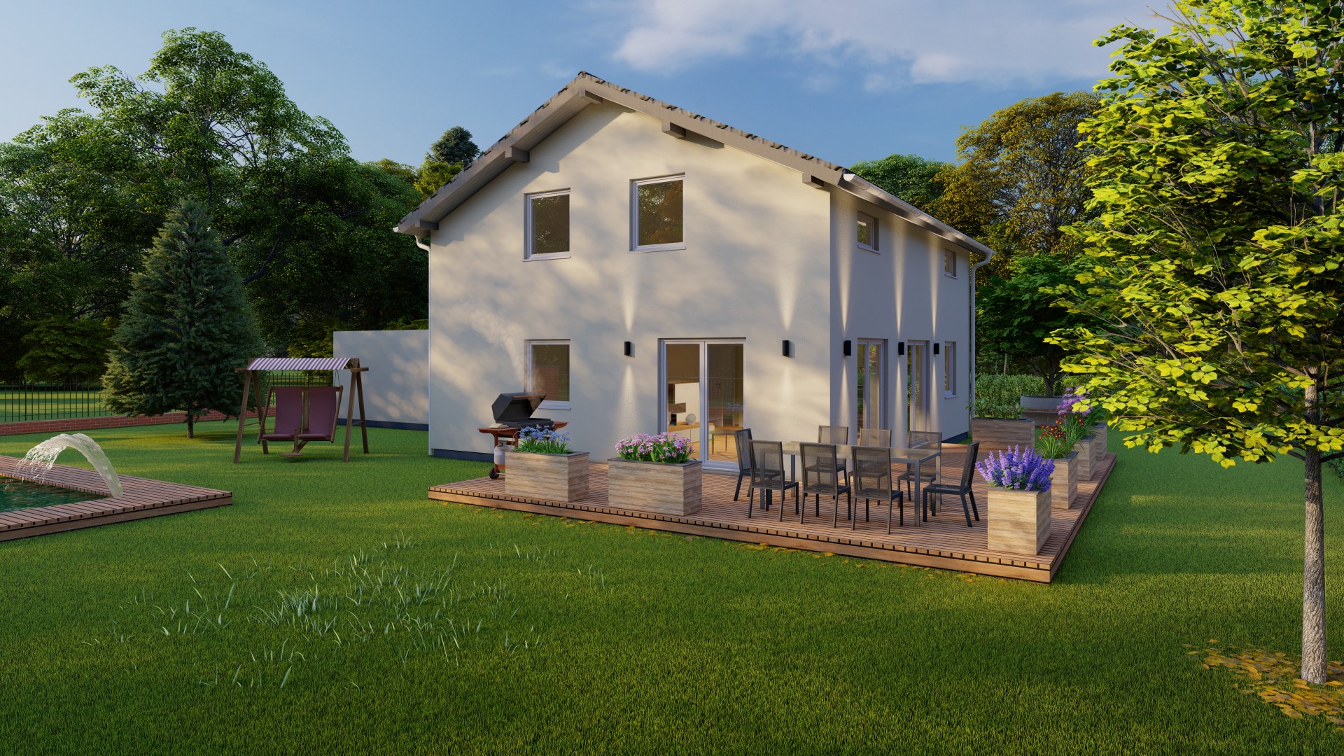 3D-Rendering eines kleinen Einfamilienhauses mit Garten, Terrasse und Außenbereich inklusive Möbeln und Landschaftselementen