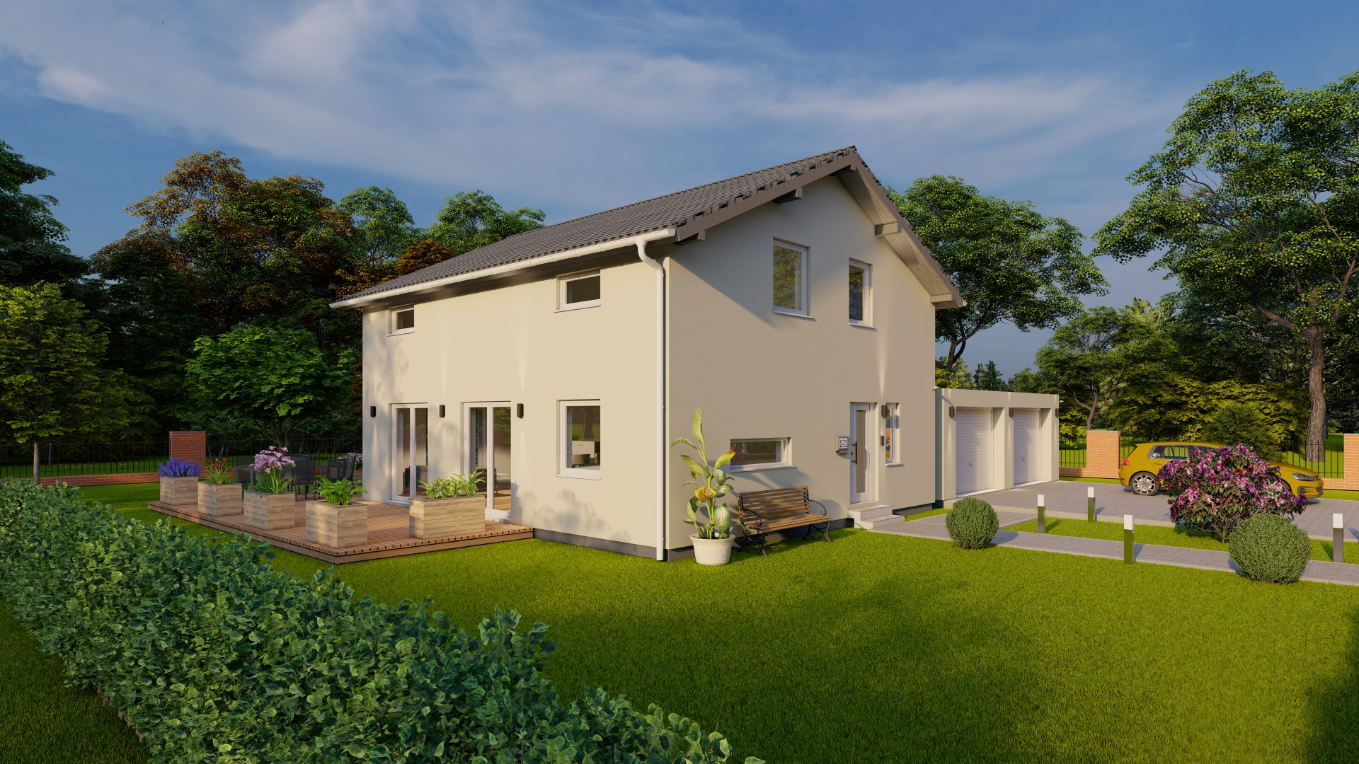 3D-Rendering eines modernen Einfamilienhauses mit Garten und Landschaftselementen