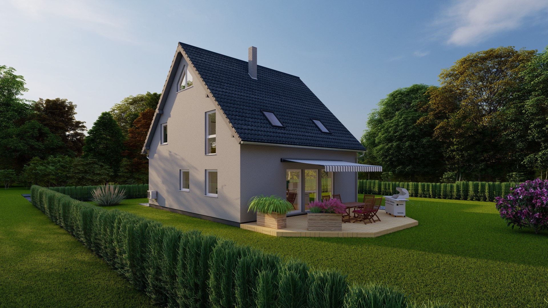 3D-Rendering eines kleinen Einfamilienhauses mit Garten und Terrasse, umgeben von Grünflächen und Hecken.