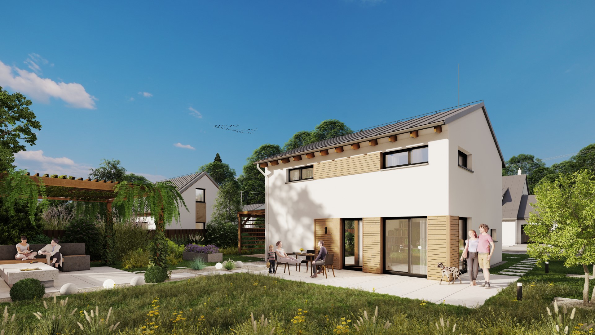 3D-Rendering eines modernen Einfamilienhauses mit Garten und Menschen in einer entspannten Freizeitsituation.