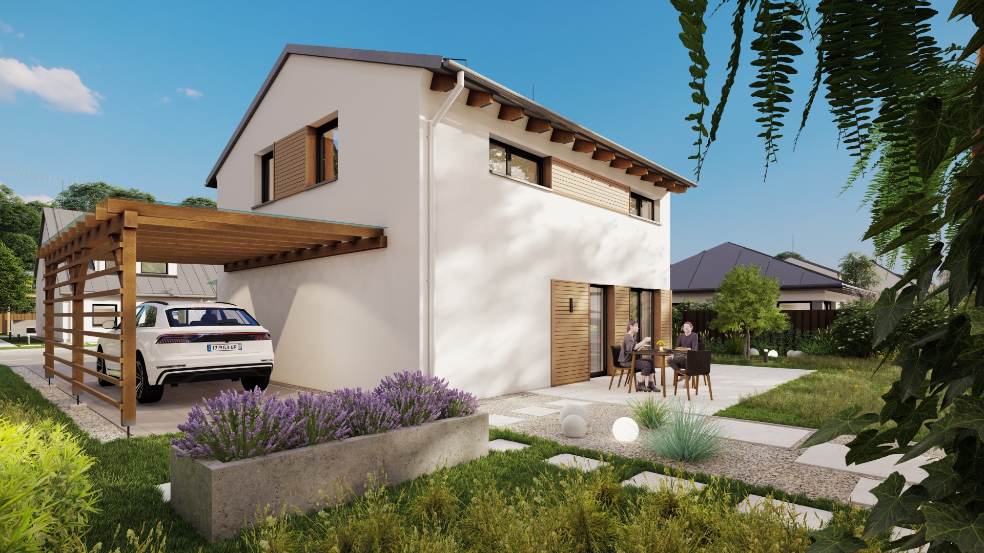 3D-Rendering eines modernen Einfamilienhauses mit Garten, Terrasse und Auto unter einer Überdachung