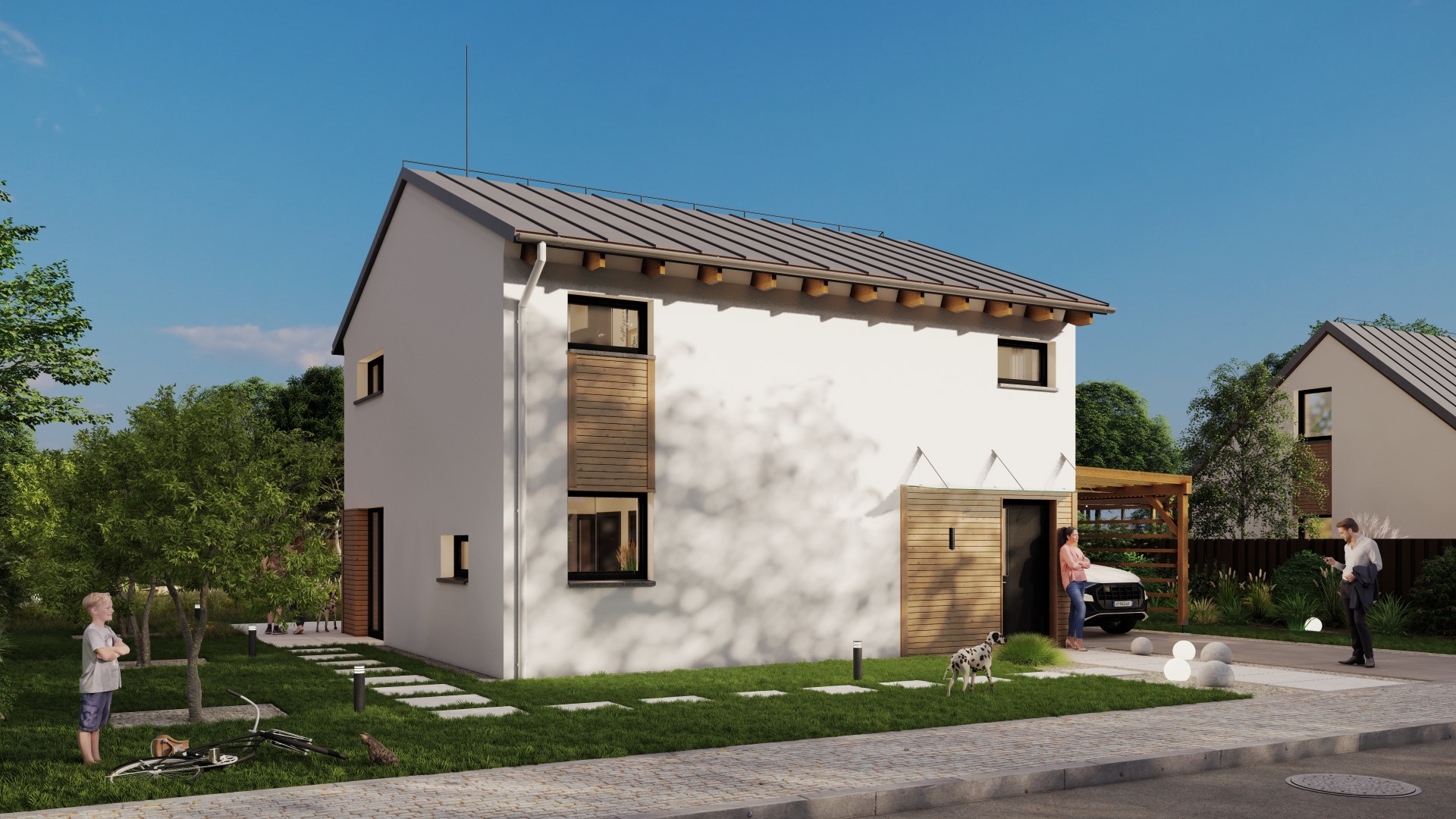 3D-Rendering eines modernen Einfamilienhauses mit Garten und Familie im Freien.