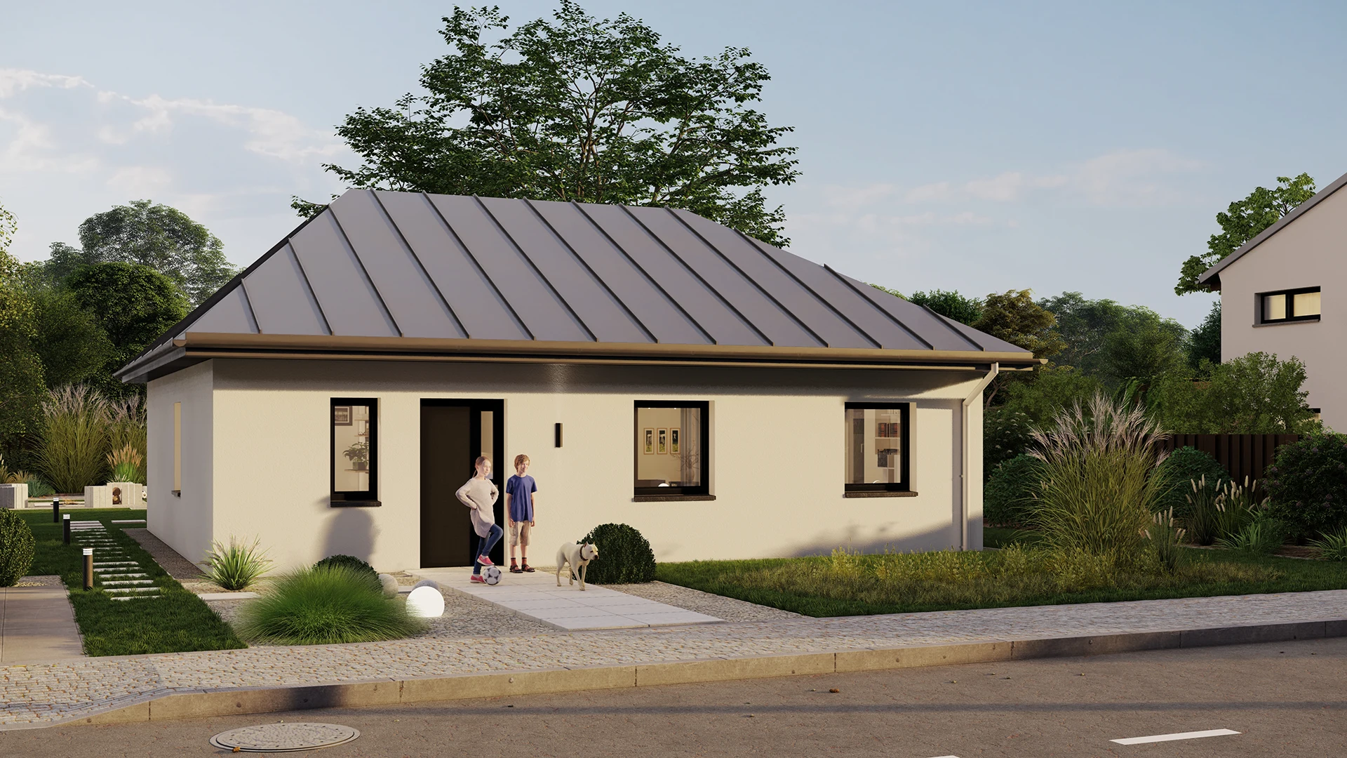 3D-Rendering eines kleinen Einfamilienhauses mit Garten und zwei Personen sowie einem Hund vor dem Eingang.