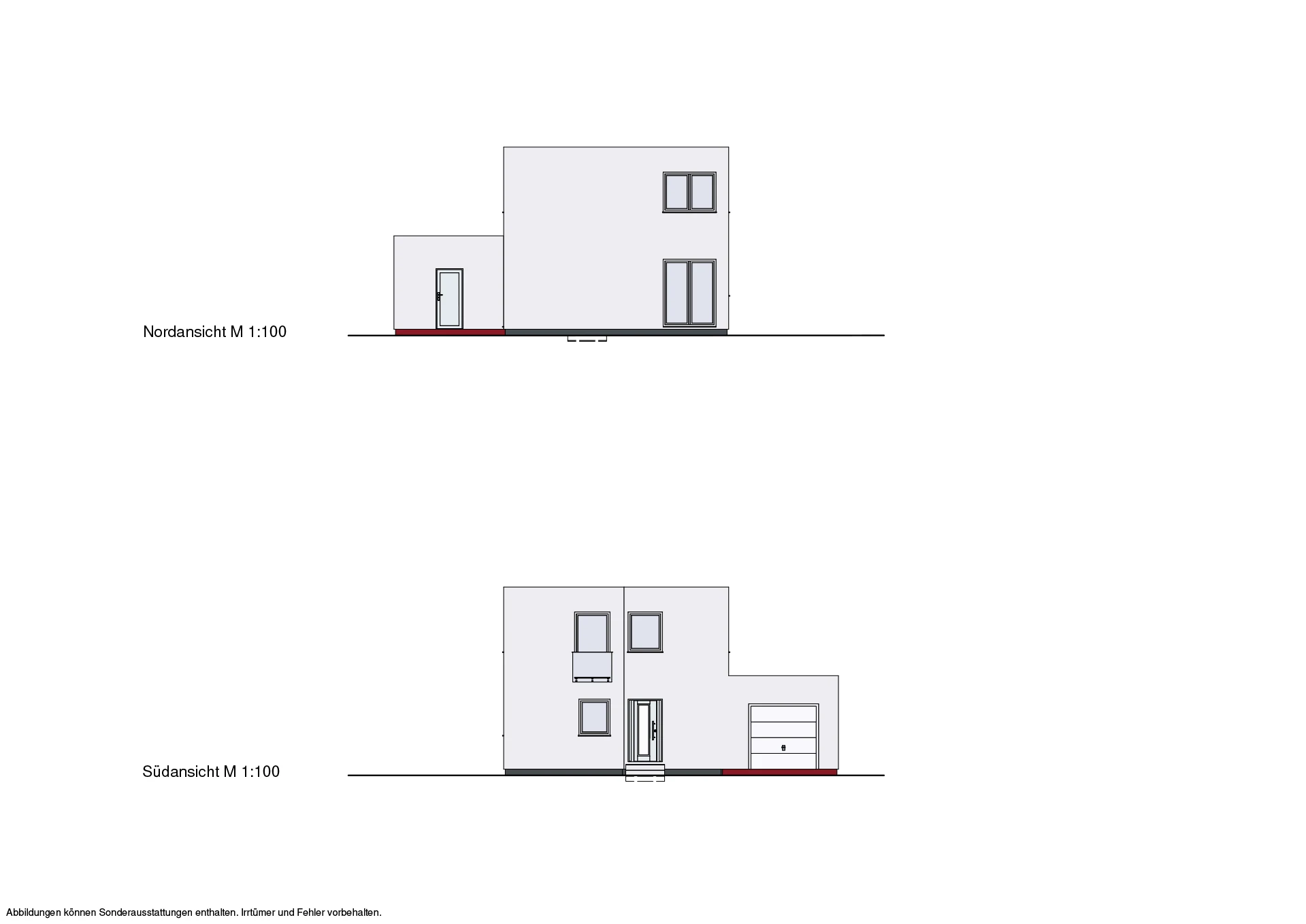 Zwei zweidimensionale Seitenansichten eines Hauses aus Nord- und Südperspektive im Maßstab 1:100.
