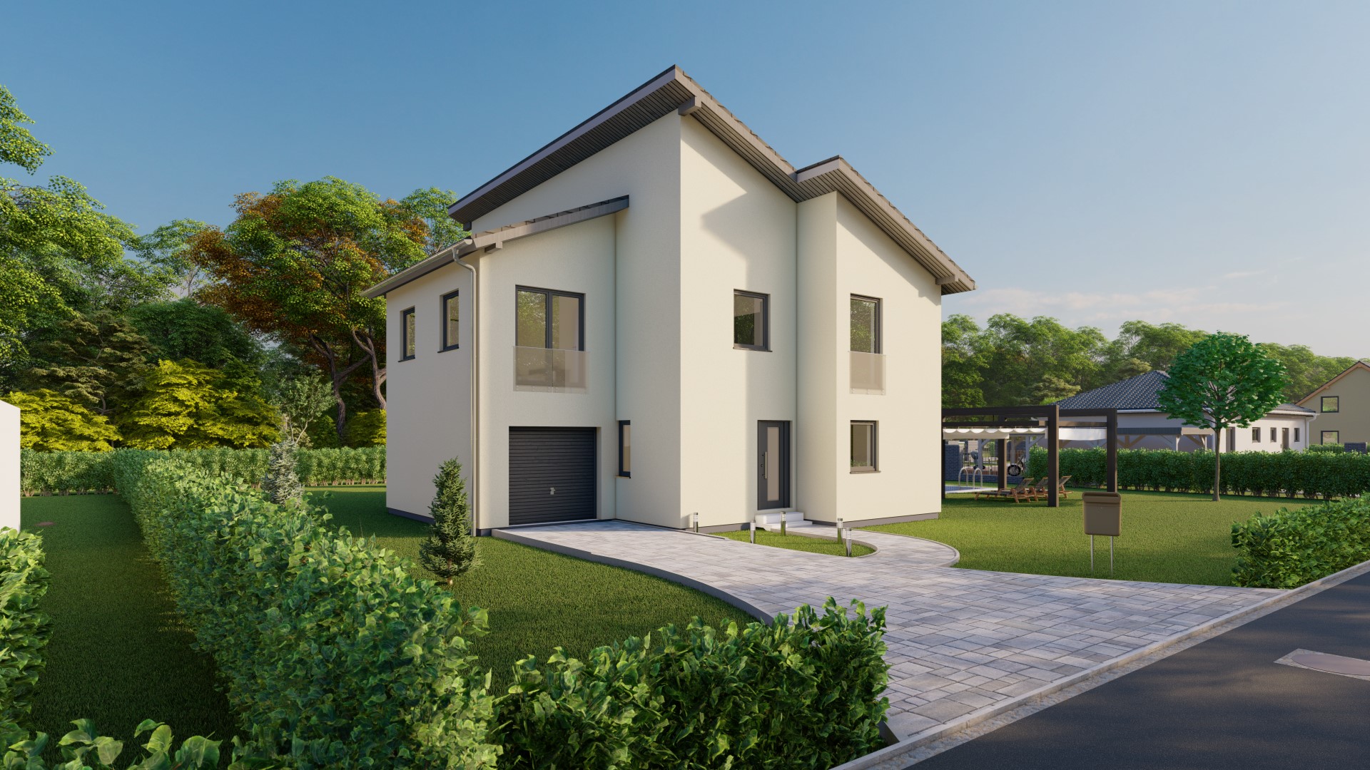 3D-Rendering eines modernen Einfamilienhauses mit Garten und Außenbereich, gezeigt von der Straßenseite.