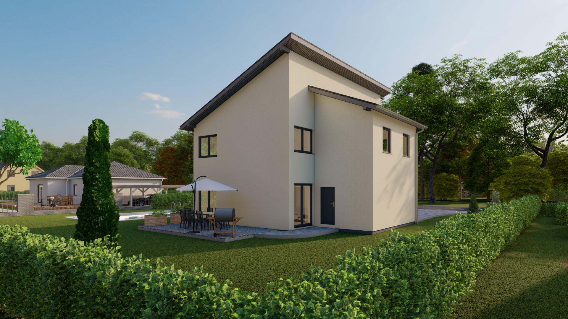 3D-Rendering eines modernen Einfamilienhauses mit Garten und Außenbereich inklusive Terrasse und Möbeln.
