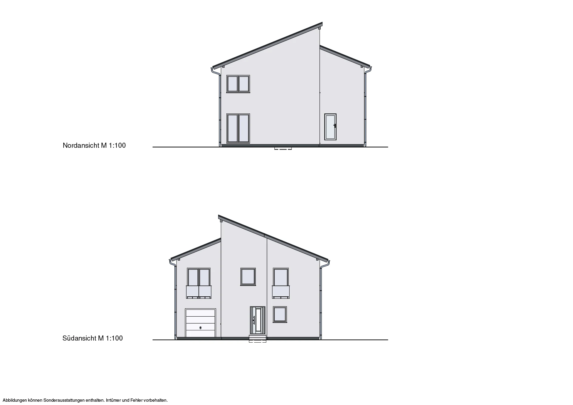 Zwei zweidimensionale Skizzen der Nord- und Südansicht eines Hauses im Maßstab 1:100.