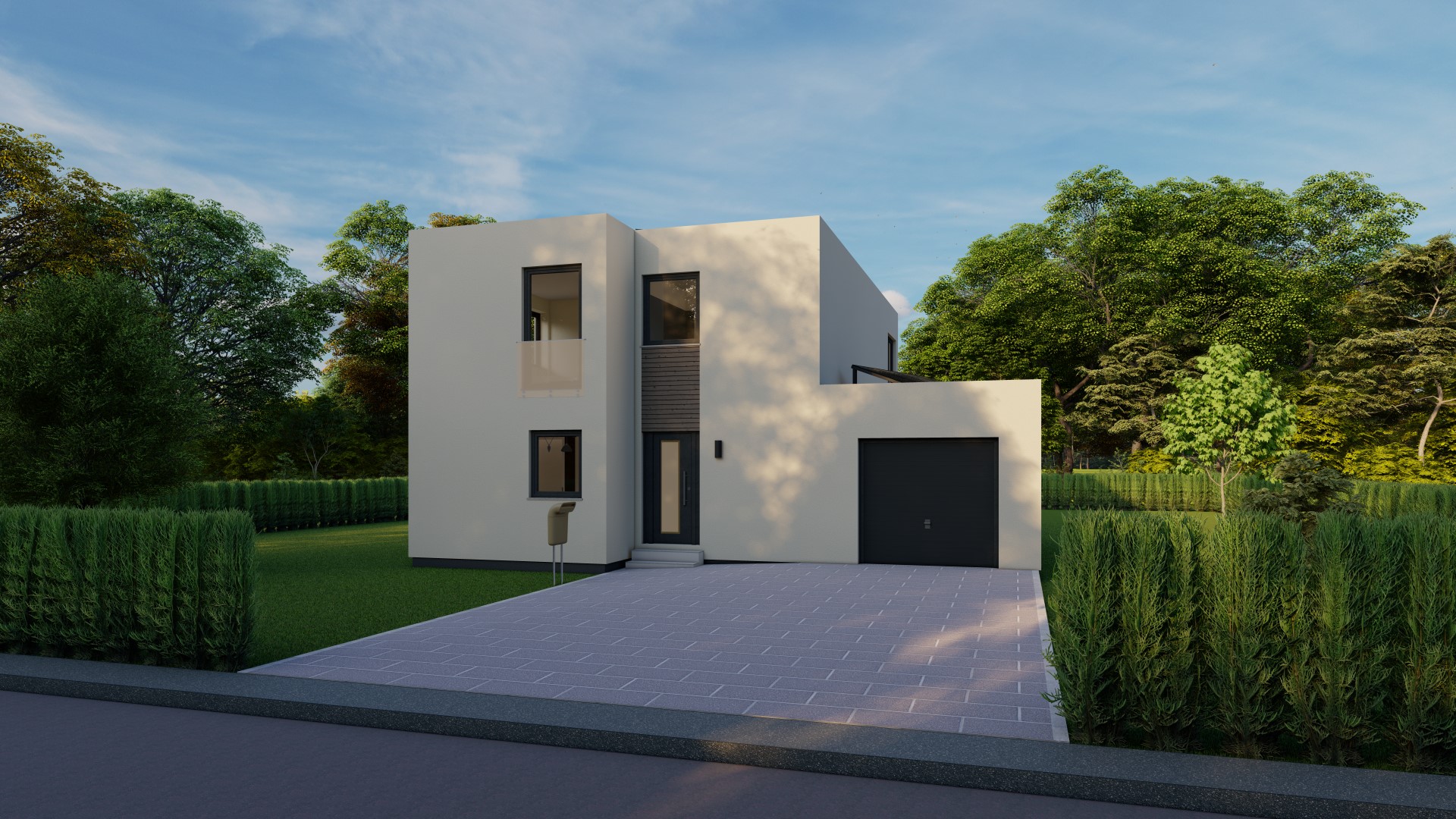3D-Rendering eines modernen Einfamilienhauses mit minimalistischem Design, umgeben von gepflegter Landschaft und Hecken.