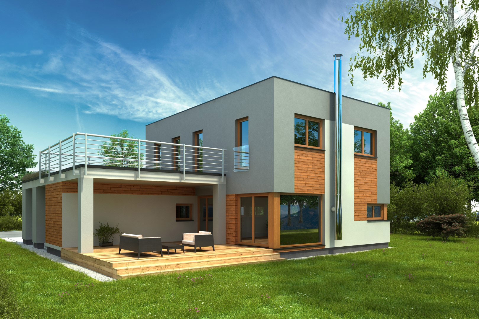 3D-Visualisierung eines modernen Einfamilienhauses mit hellen und dunklen Akzenten, großer Glasfront und Terrasse im Freien.