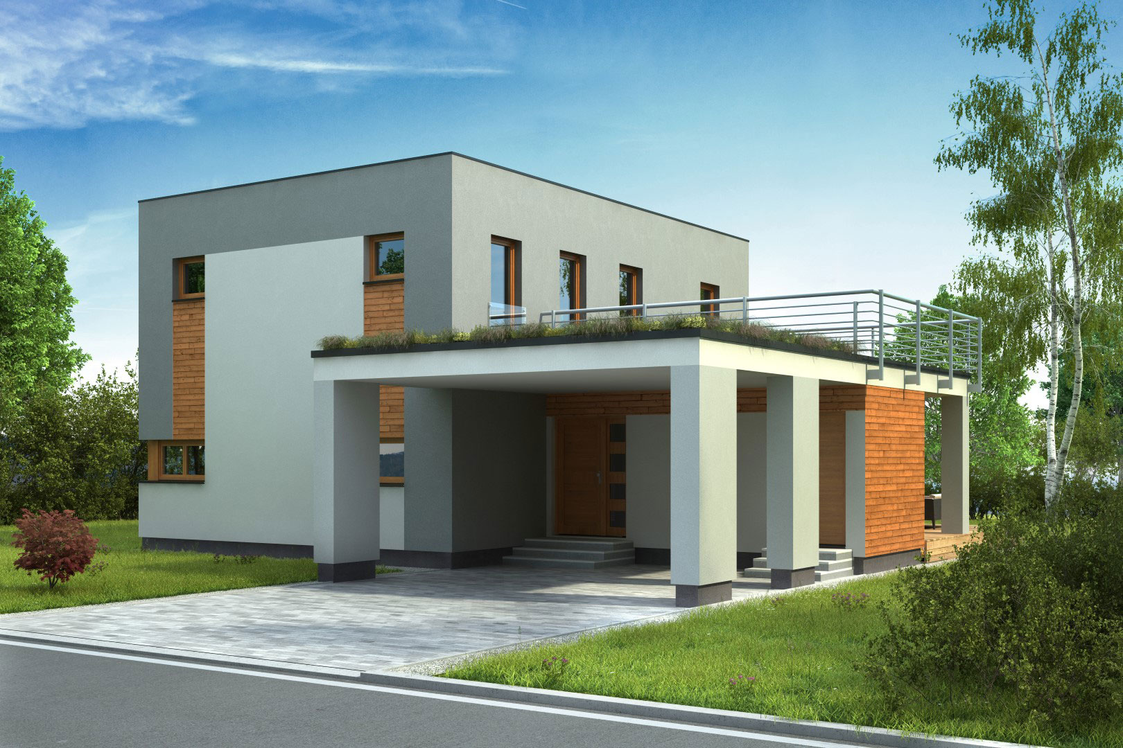 3D-Rendering eines modernen Einfamilienhauses mit hellen Wänden, Holzverkleidungen und einem überdachten Eingangsbereich sowie begrüntem Flachdach.