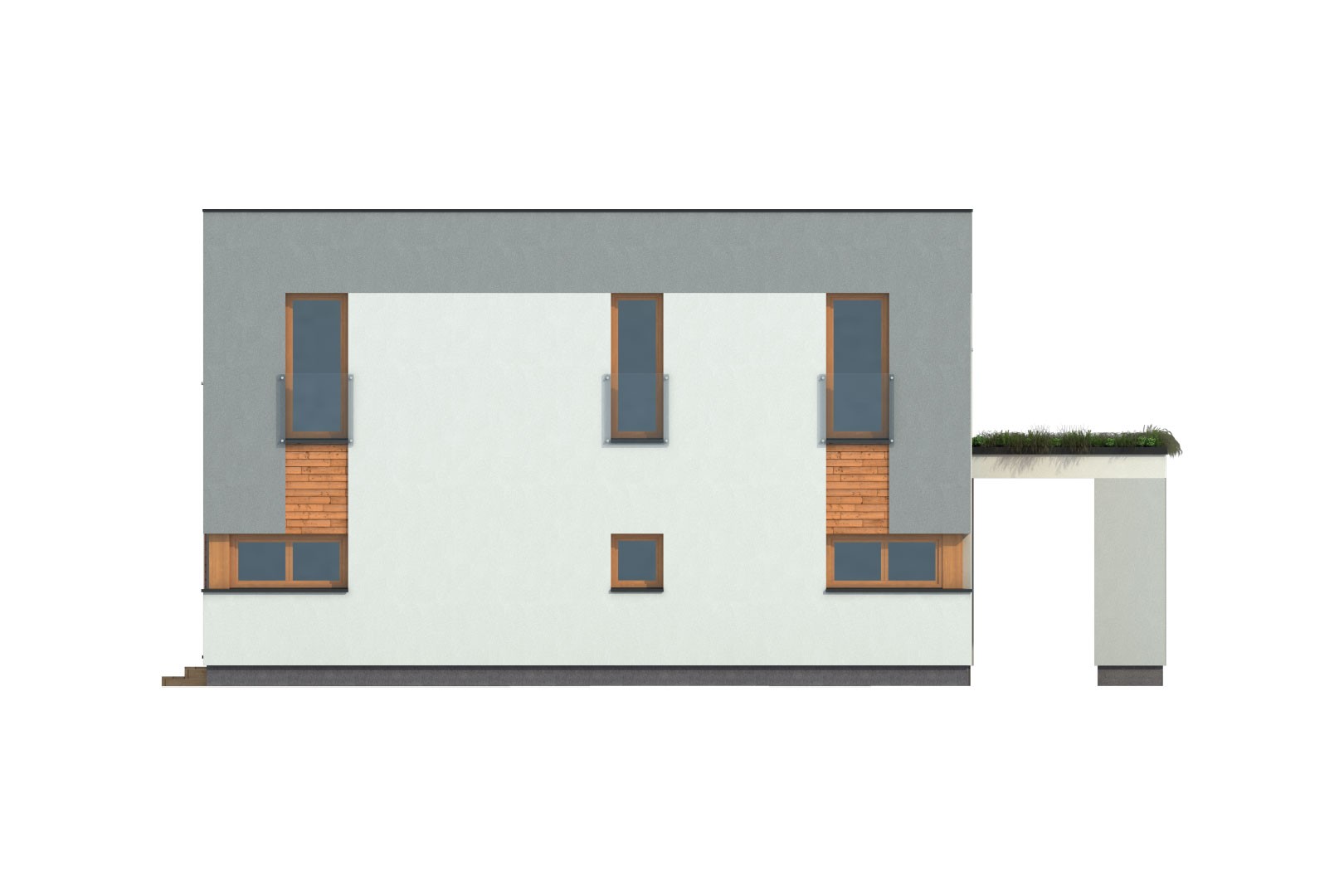 3D-Darstellung der Außenansicht eines modernen zweistöckigen Wohnhauses mit Balkonen und unterschiedlichen Fensteranordnungen