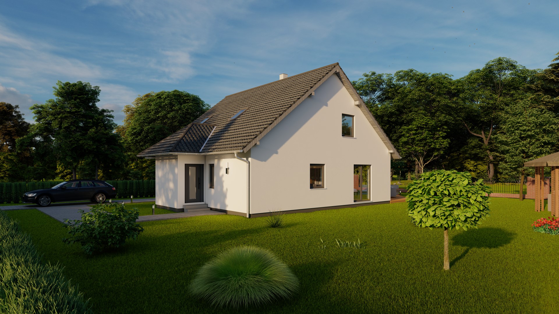 3D-Rendering eines modernen Einfamilienhauses mit Garten und Umgebung