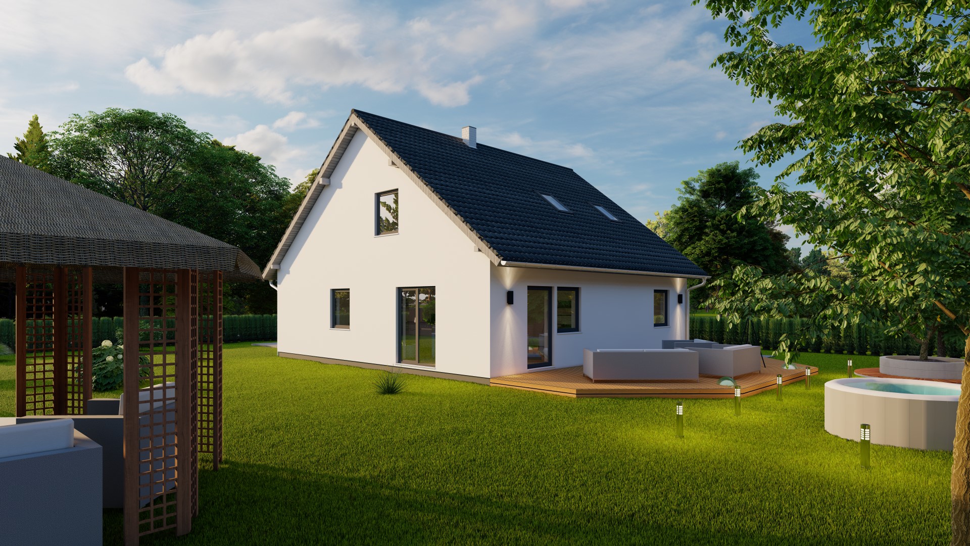 3D-Rendering eines modernen Einfamilienhauses mit Garten, Terrasse, Pergola und Außenpool bei Tageslicht.