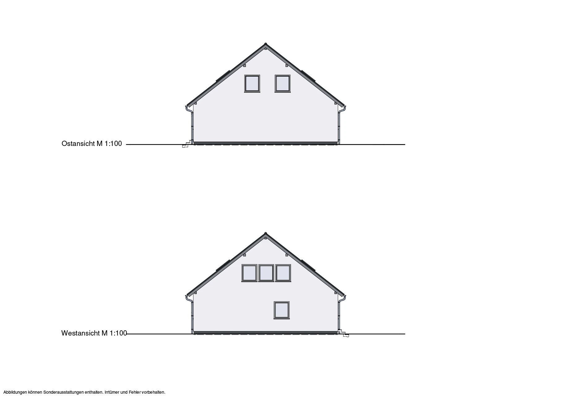 Zwei schematische Seitenansichten eines Hauses (Ost- und Westansicht) im Maßstab 1:100