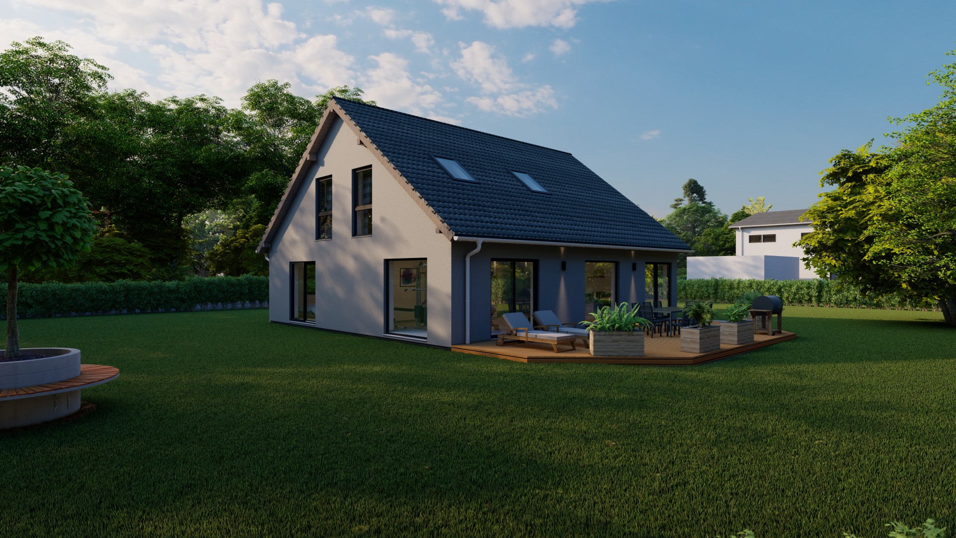 3D-Rendering eines modernen Einfamilienhauses mit Garten und Terrasse, umgeben von Grünflächen und Bäumen