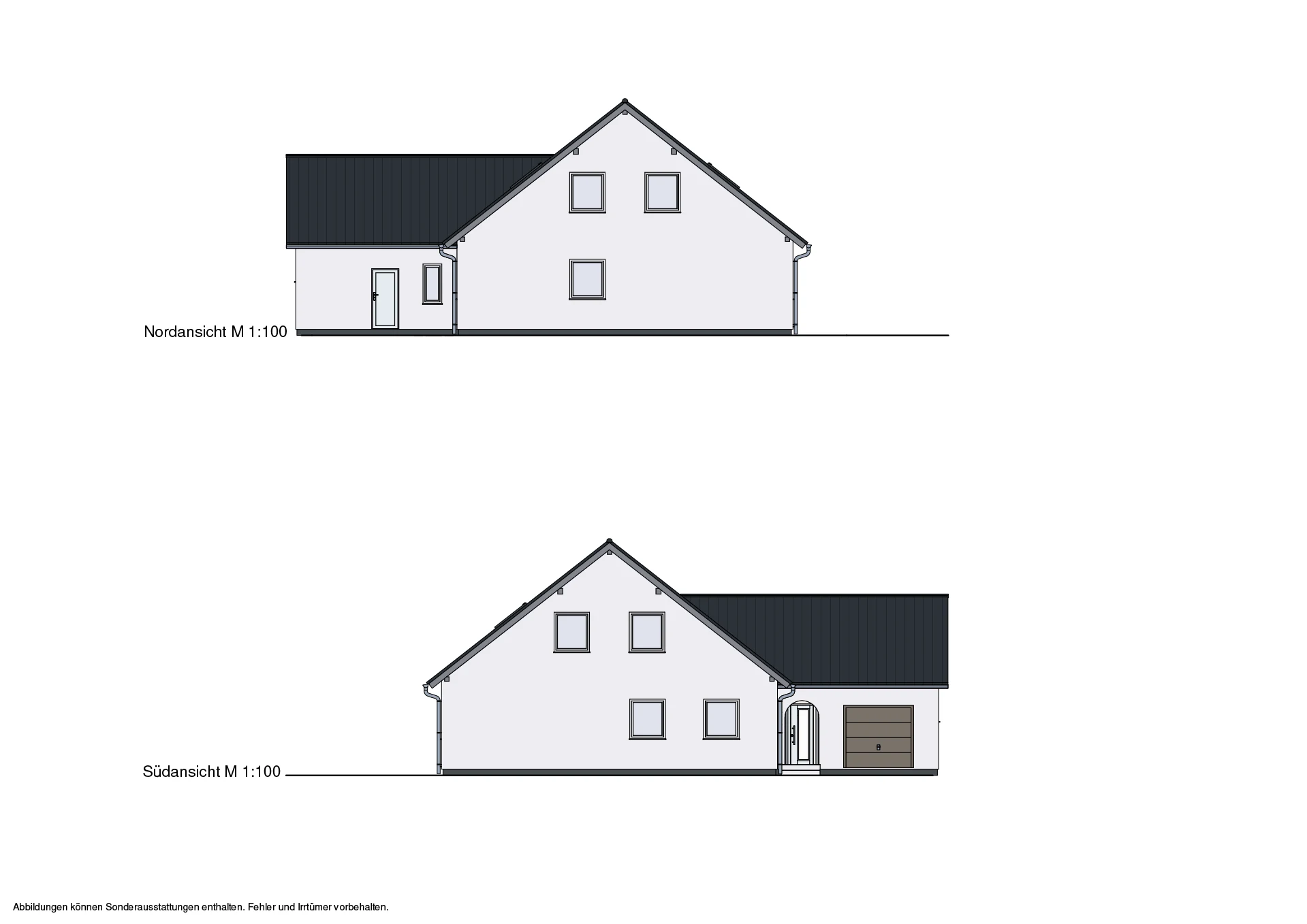 Architektonische Zeichnung der Nord- und Südansicht eines Hauses im Maßstab 1:100