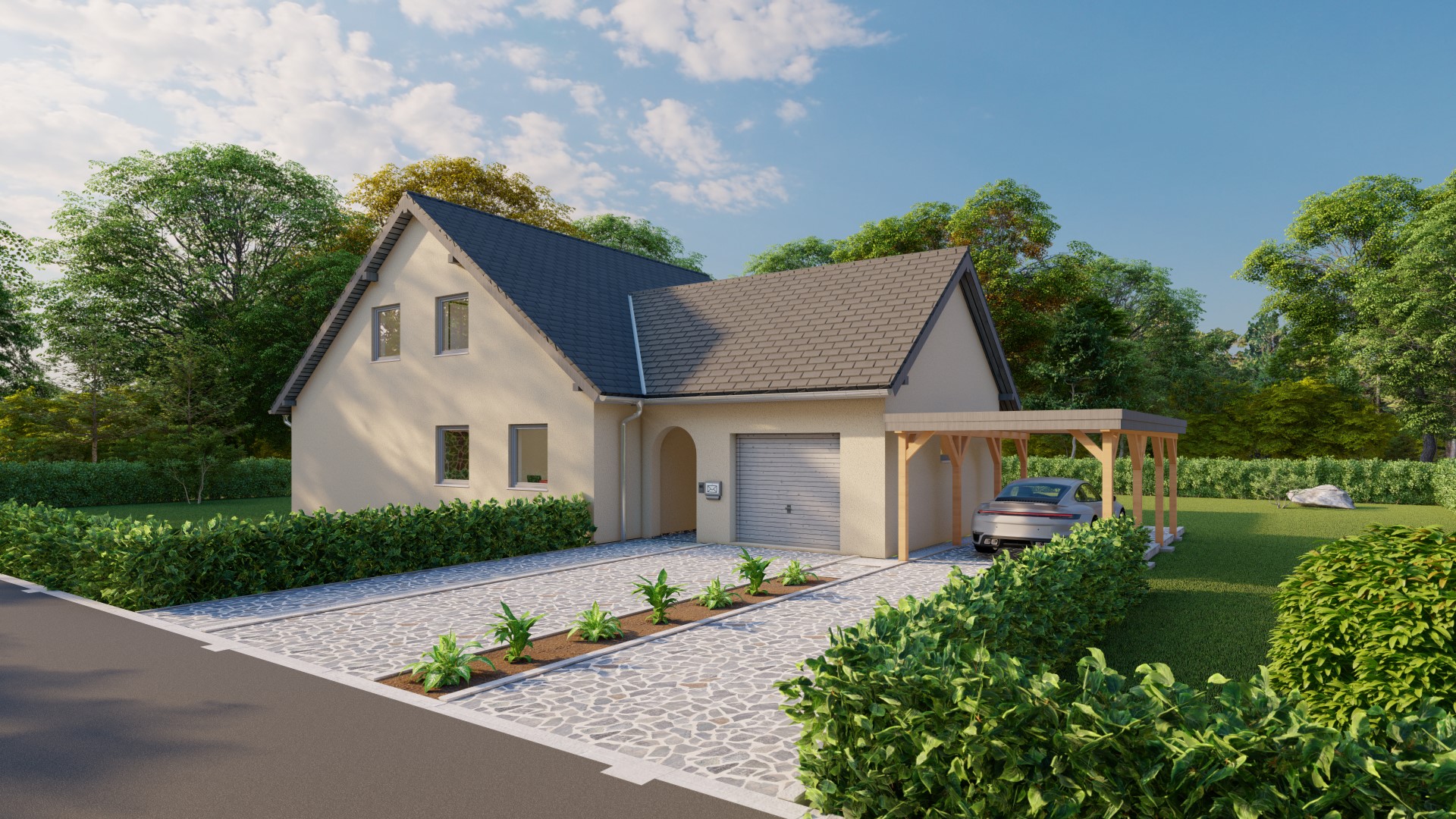 3D-Rendering eines kleinen Einfamilienhauses mit Garage und Carport, umgeben von Garten und Landschaftselementen