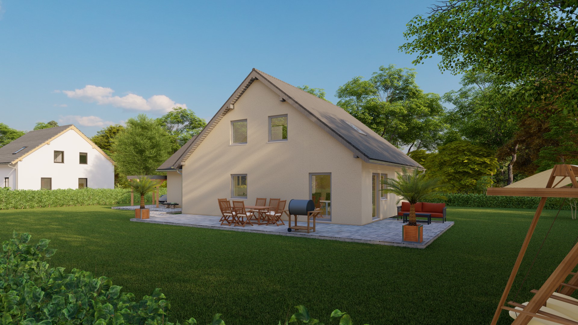 3D-Rendering eines modernen Einfamilienhauses mit Gartenbereich und Außenmöbeln, die eine helle Fassade und ein schräges Dach zeigen
