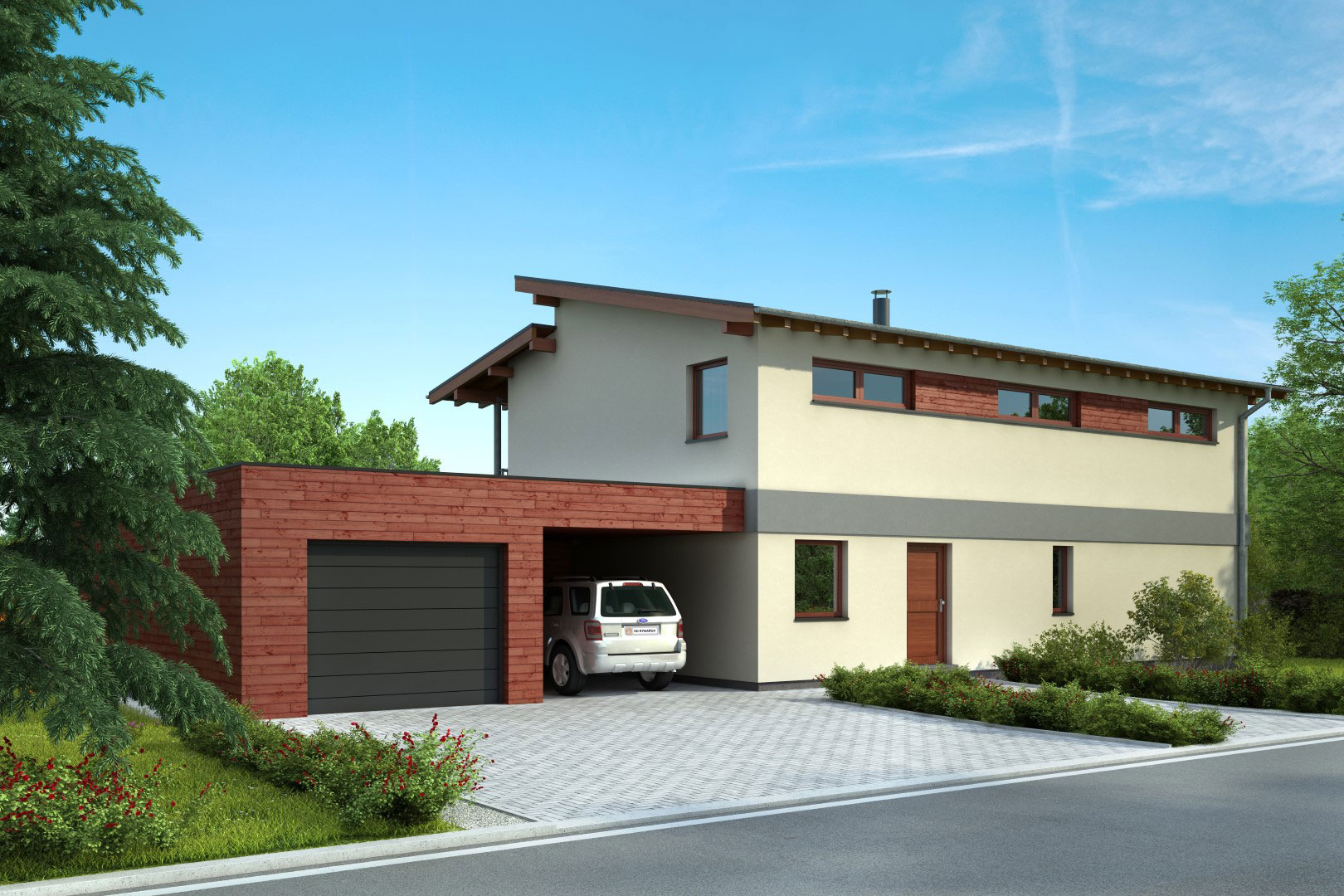 3D-Rendering eines modernen Einfamilienhauses mit Garage und gepflastertem Vorplatz, umgeben von Grünflächen und Bäumen.