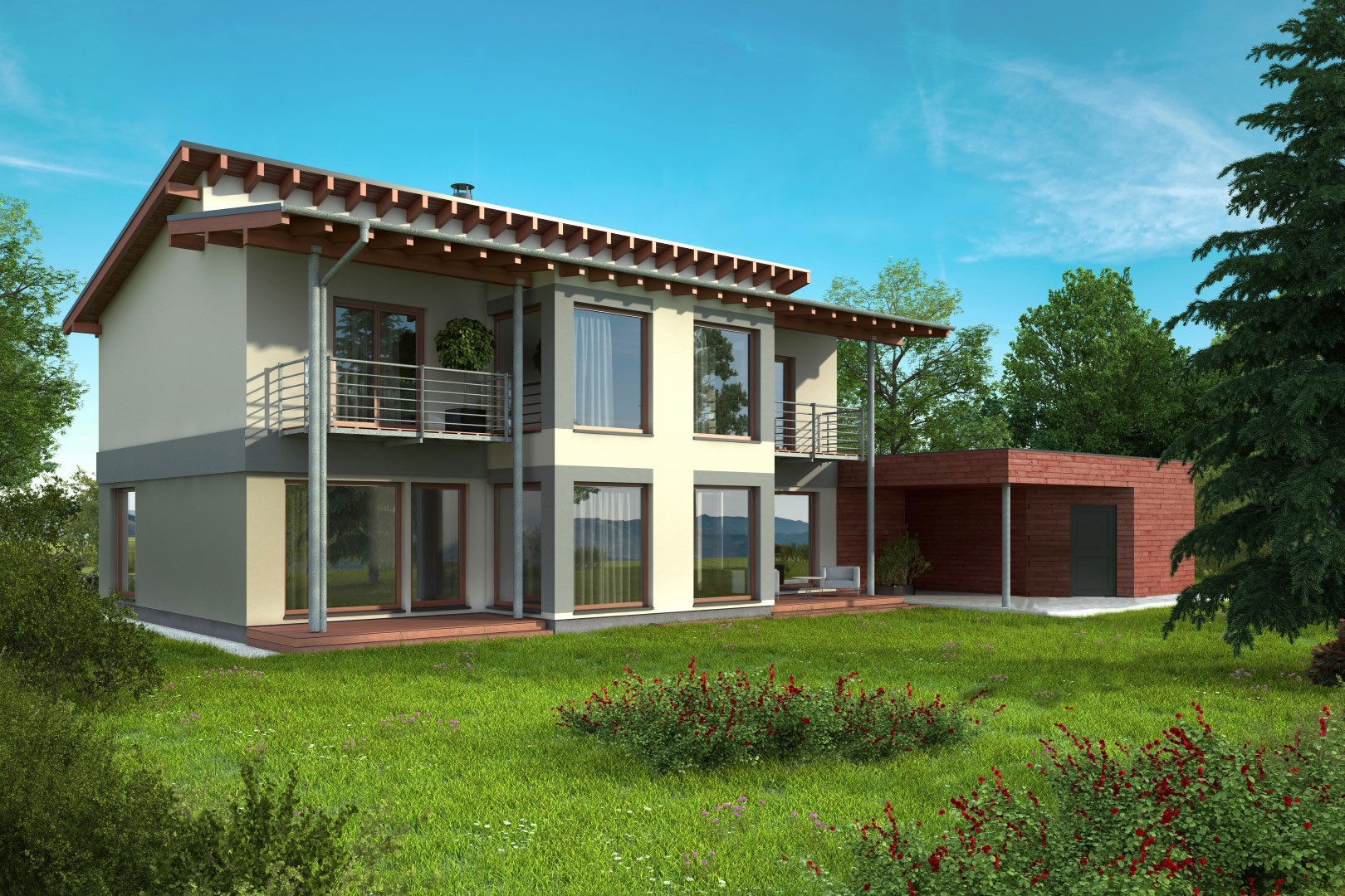 3D-Rendering eines modernen zweistöckigen Einfamilienhauses mit angrenzendem Anbau, umgeben von einem gepflegten Garten mit Grünflächen und Blumenbeeten.