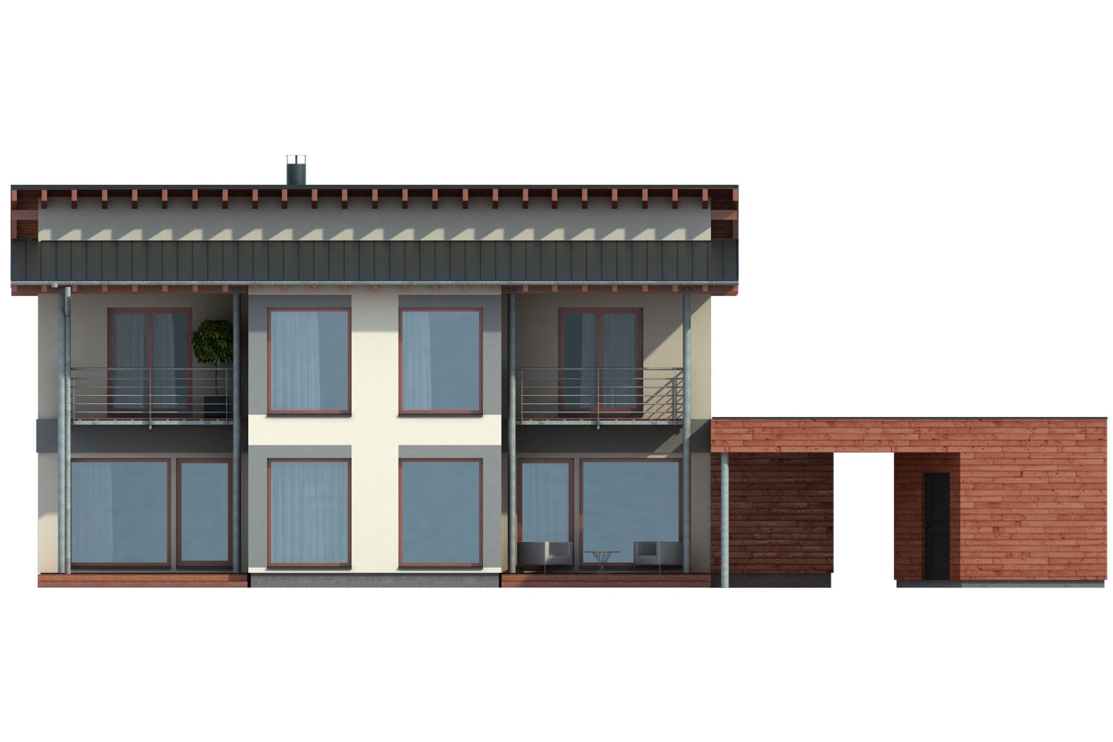 3D-Visualisierung eines modernen zweistöckigen Wohnhauses mit Balkonen und Garage, gezeigt von der Seitenansicht.