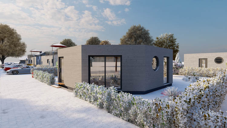 Architektonische Nord- und Südansicht eines kleinen Gebäudes im Maßstab 1:100.