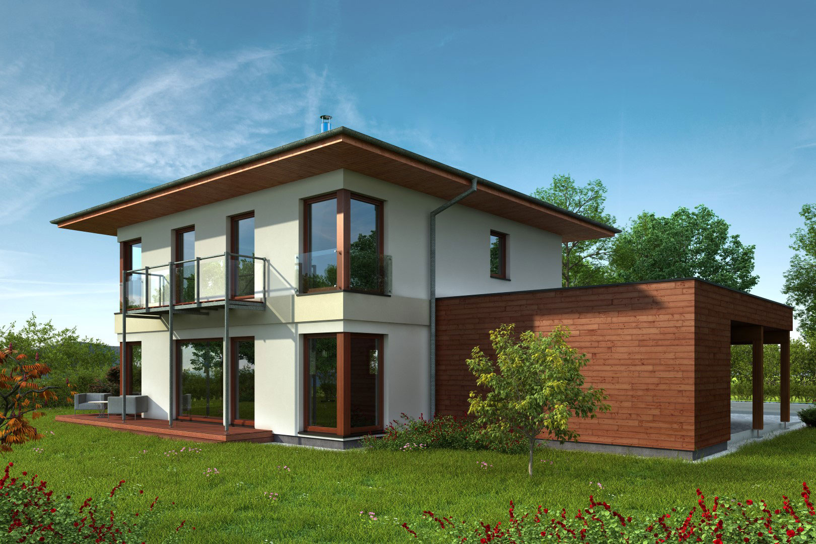 3D-Rendering eines modernen Einfamilienhauses mit hellen und dunklen Fassadenelementen sowie einem Carport