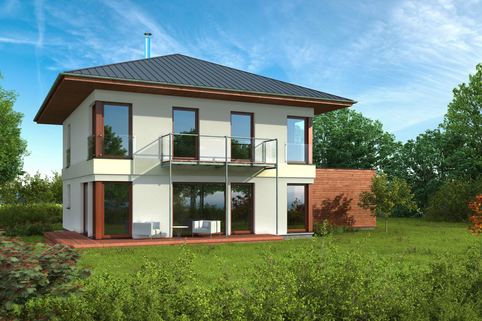 3D-Rendering eines modernen Zweifamilien- oder Einfamilienhauses mit großer Glasfront und Balkon, umgeben von Grünflächen und Bäumen