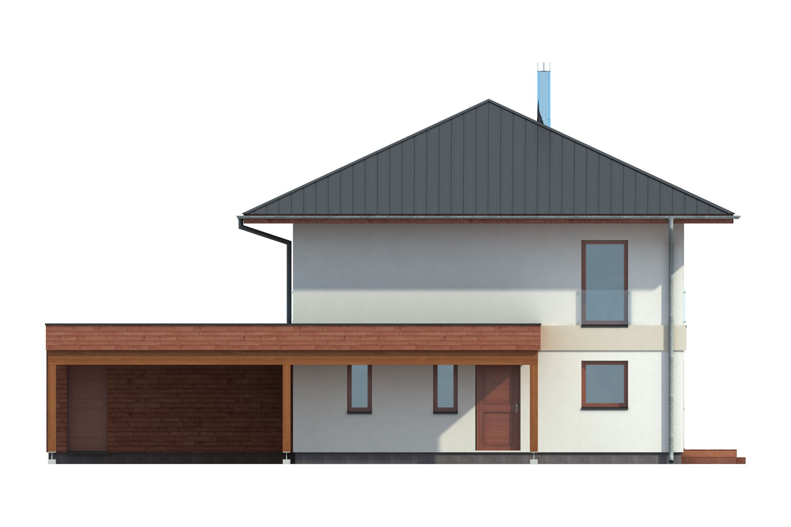 3D-Darstellung der Außenansicht eines modernen Einfamilienhauses mit zwei Geschossen und einem Anbau