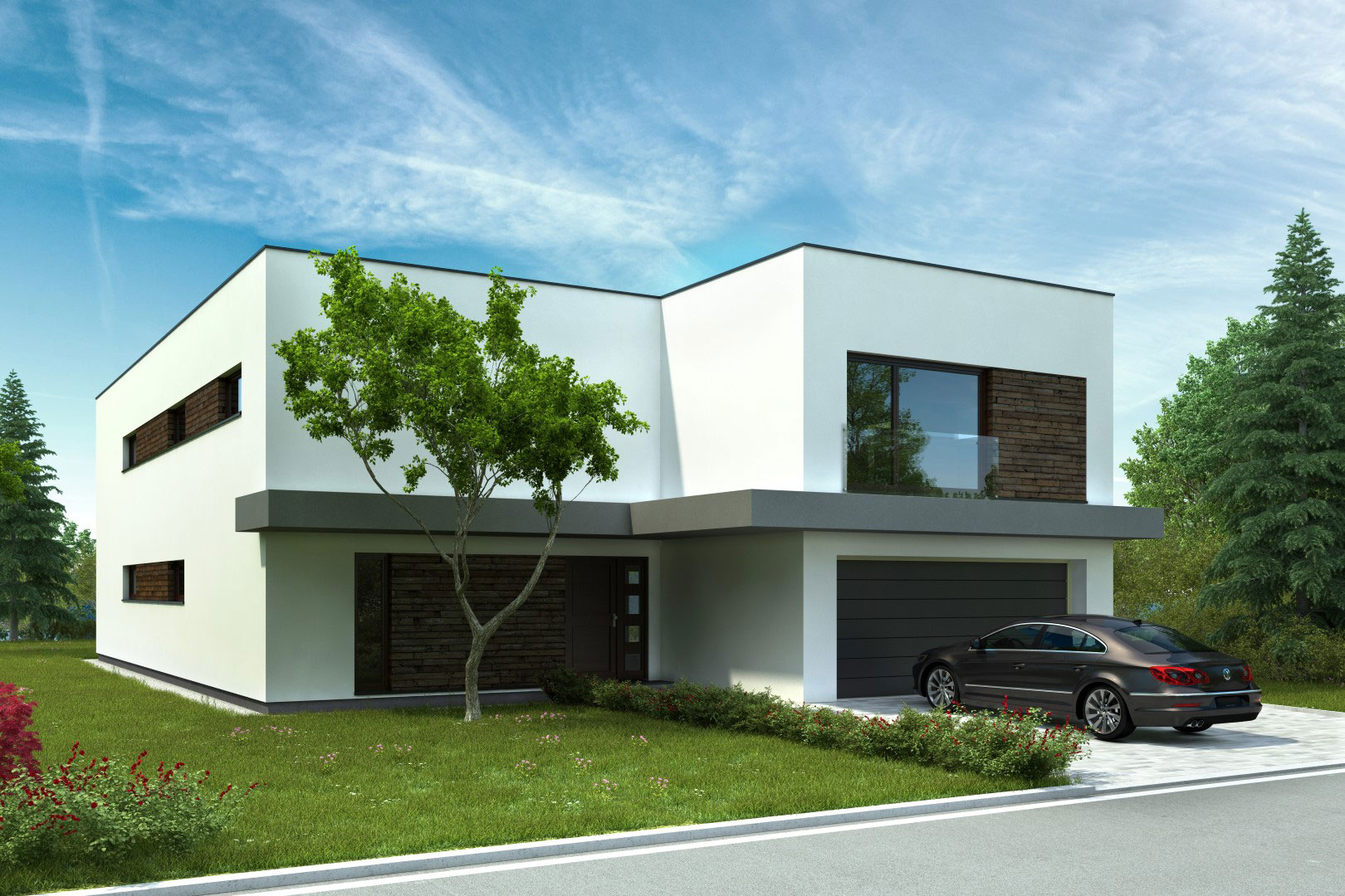 3D-Rendering eines modernen Einfamilienhauses mit Garage und gepflegter Gartenanlage