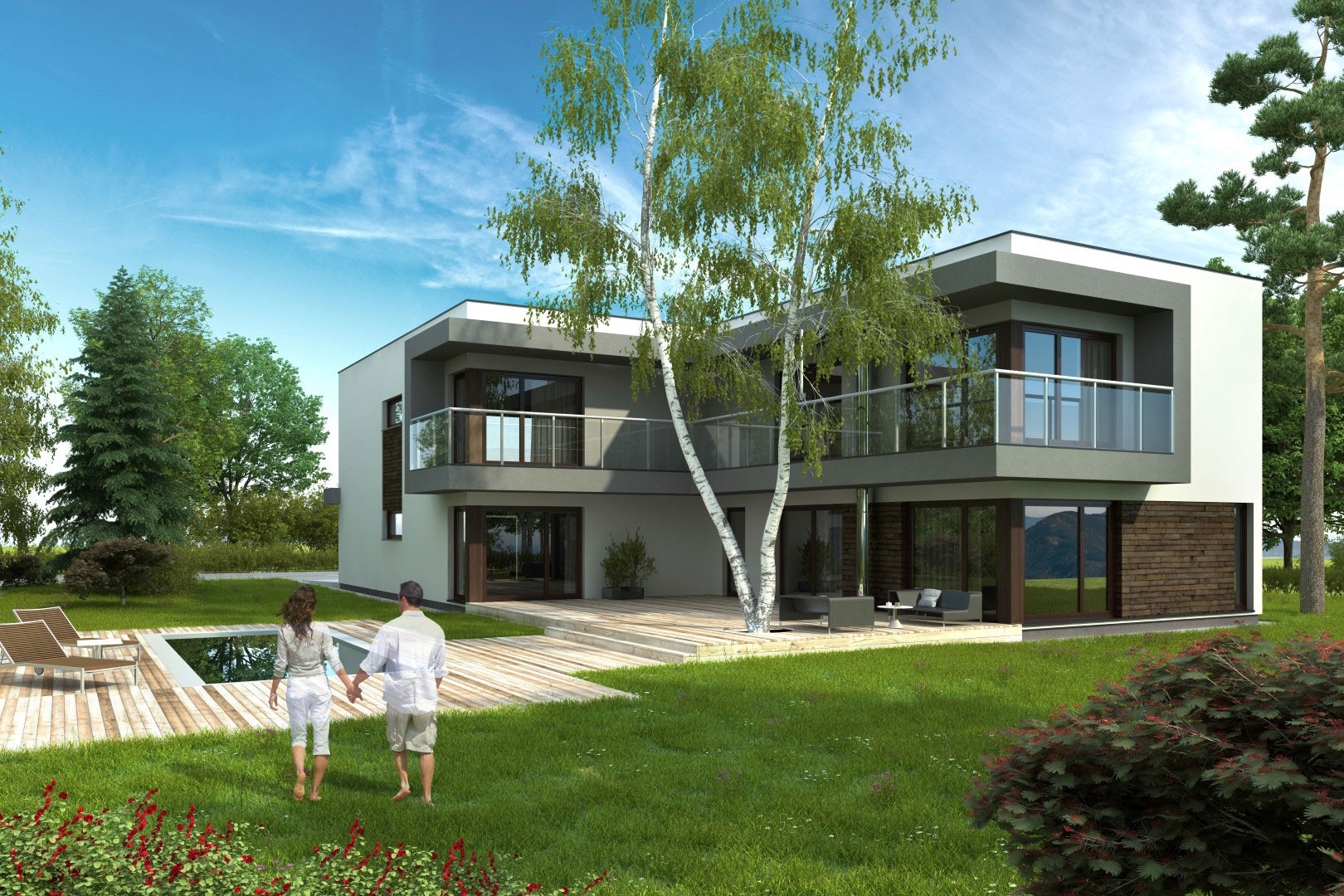 3D-Rendering eines modernen zweistöckigen Einfamilienhauses mit Garten und zwei Personen im Vordergrund