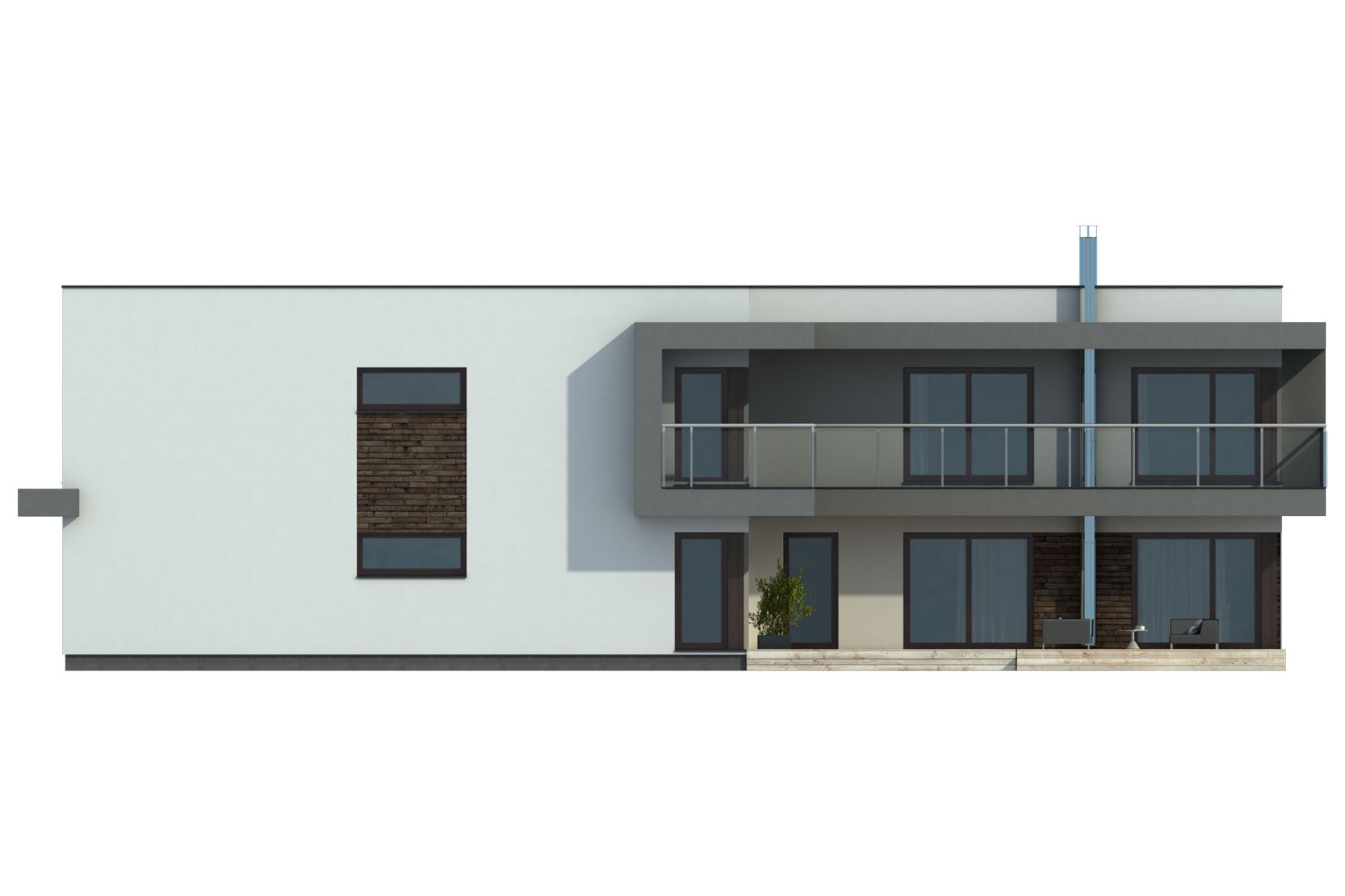 3D-Rendering einer modernen Außenansicht eines zweistöckigen Wohnhauses mit Balkon und großen Glasflächen