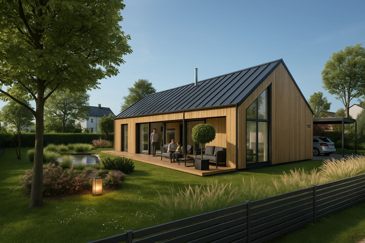 3D-Rendering eines kleinen Einfamilienhauses mit Außenansicht und Innenraumdarstellung
