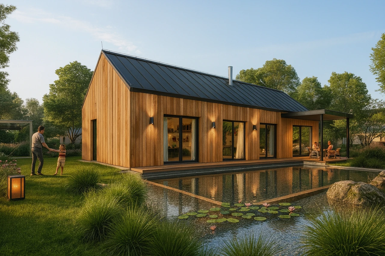 3D-Rendering eines kleinen Einfamilienhauses mit Außenansicht und Innenraumdarstellung