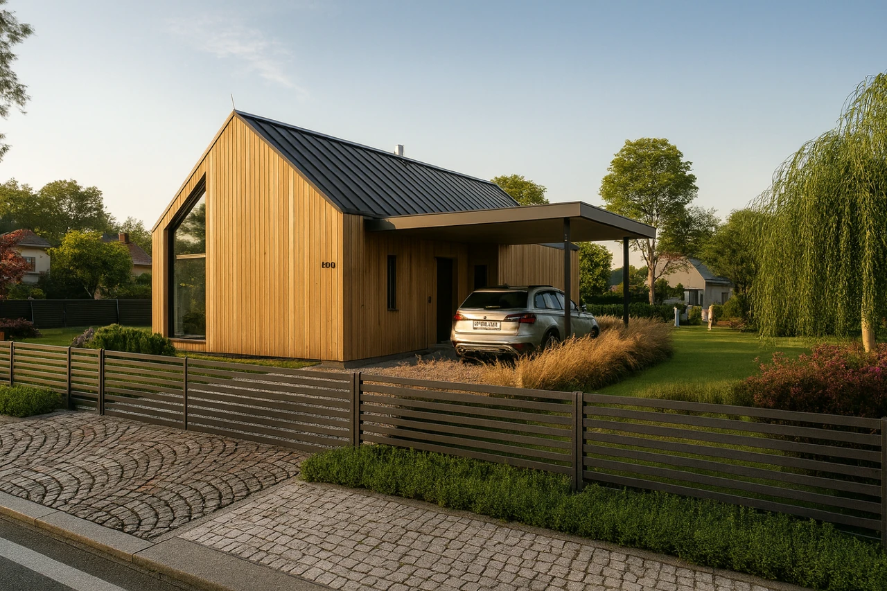 3D-Rendering eines kleinen Einfamilienhauses mit Außenansicht und Innenraumdarstellung