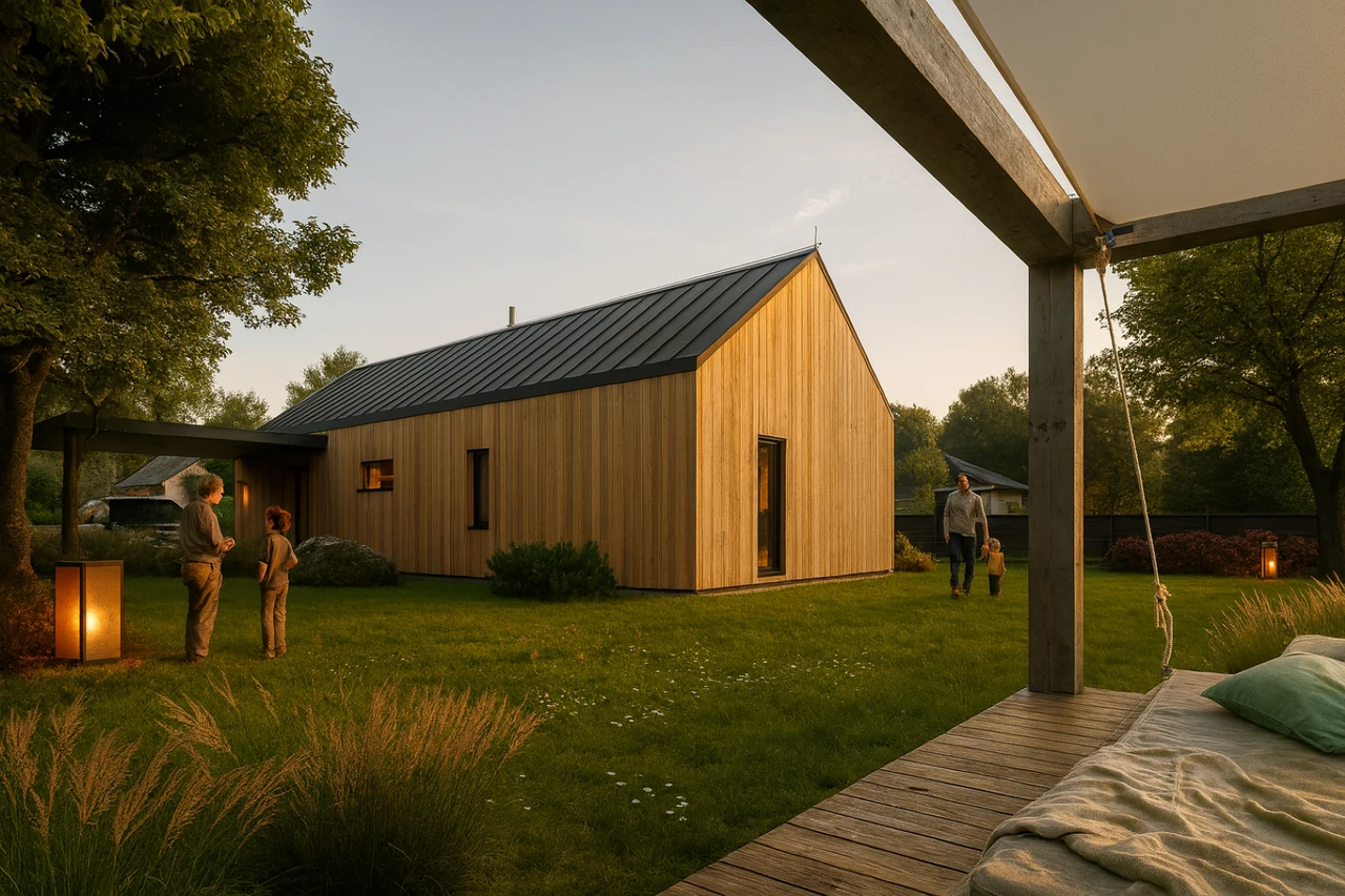 3D-Rendering eines kleinen Einfamilienhauses mit Außenansicht und Innenraumdarstellung