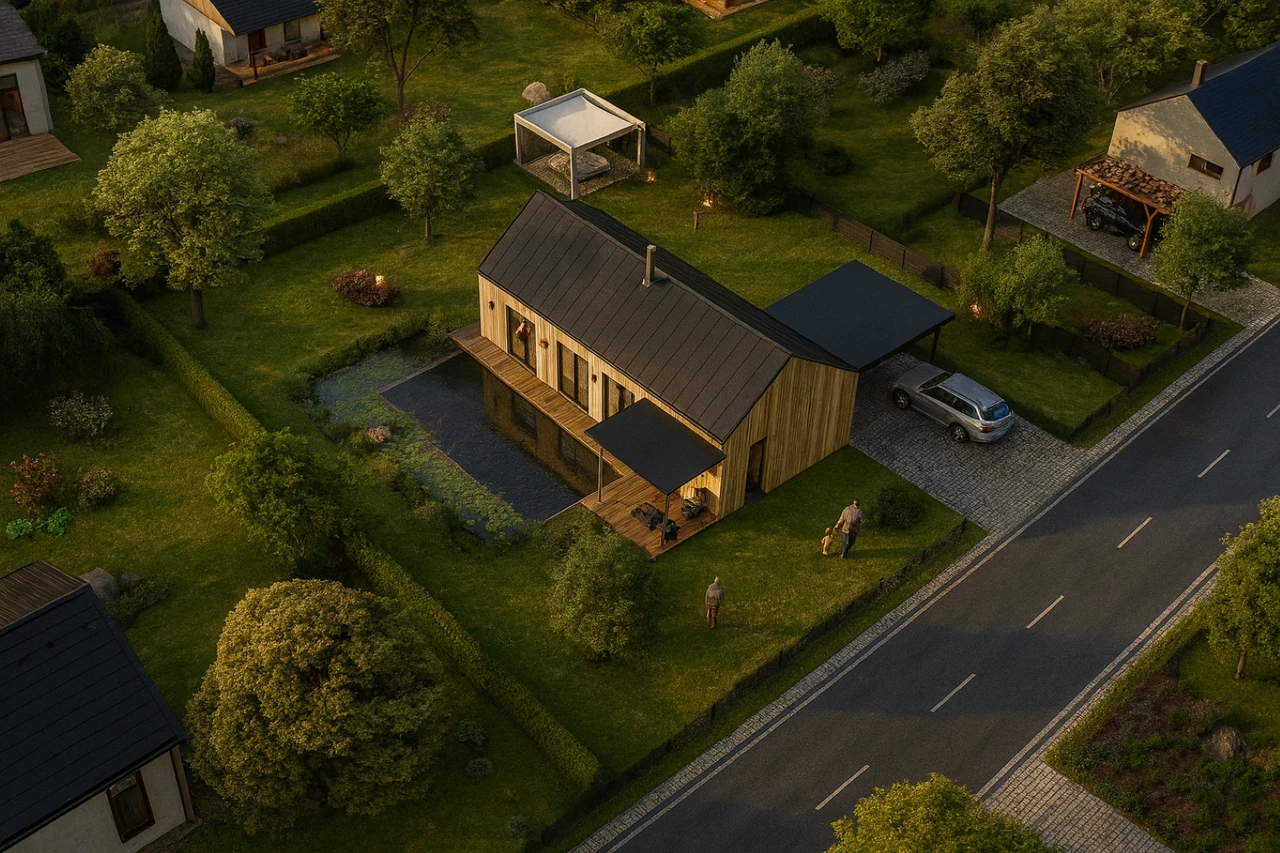 3D-Rendering eines kleinen Einfamilienhauses mit Außenansicht und Innenraumdarstellung