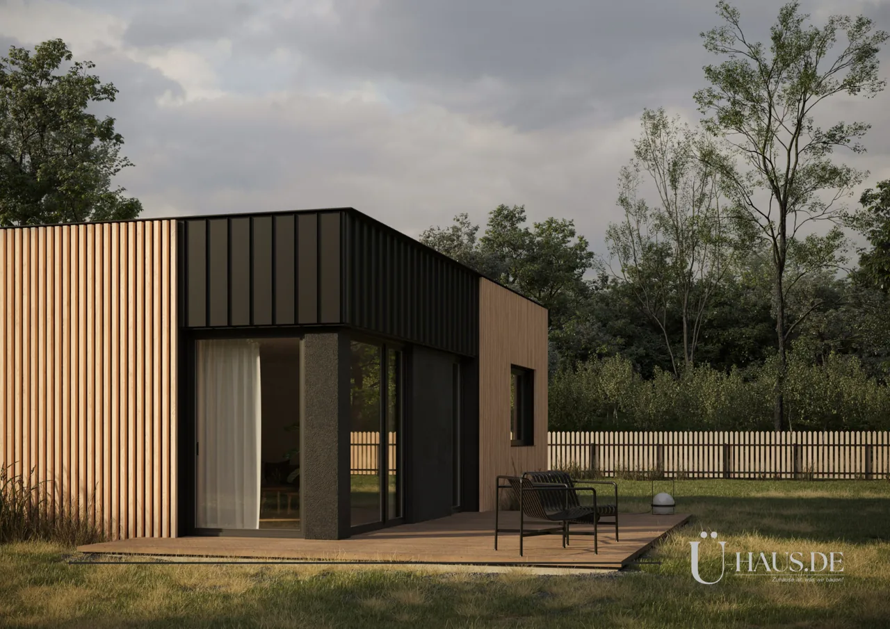 3D-renderte Außenansicht eines modernen, zweistöckigen Einfamilienhauses in einer grünen Umgebung mit gepflegter Gartenanlage.