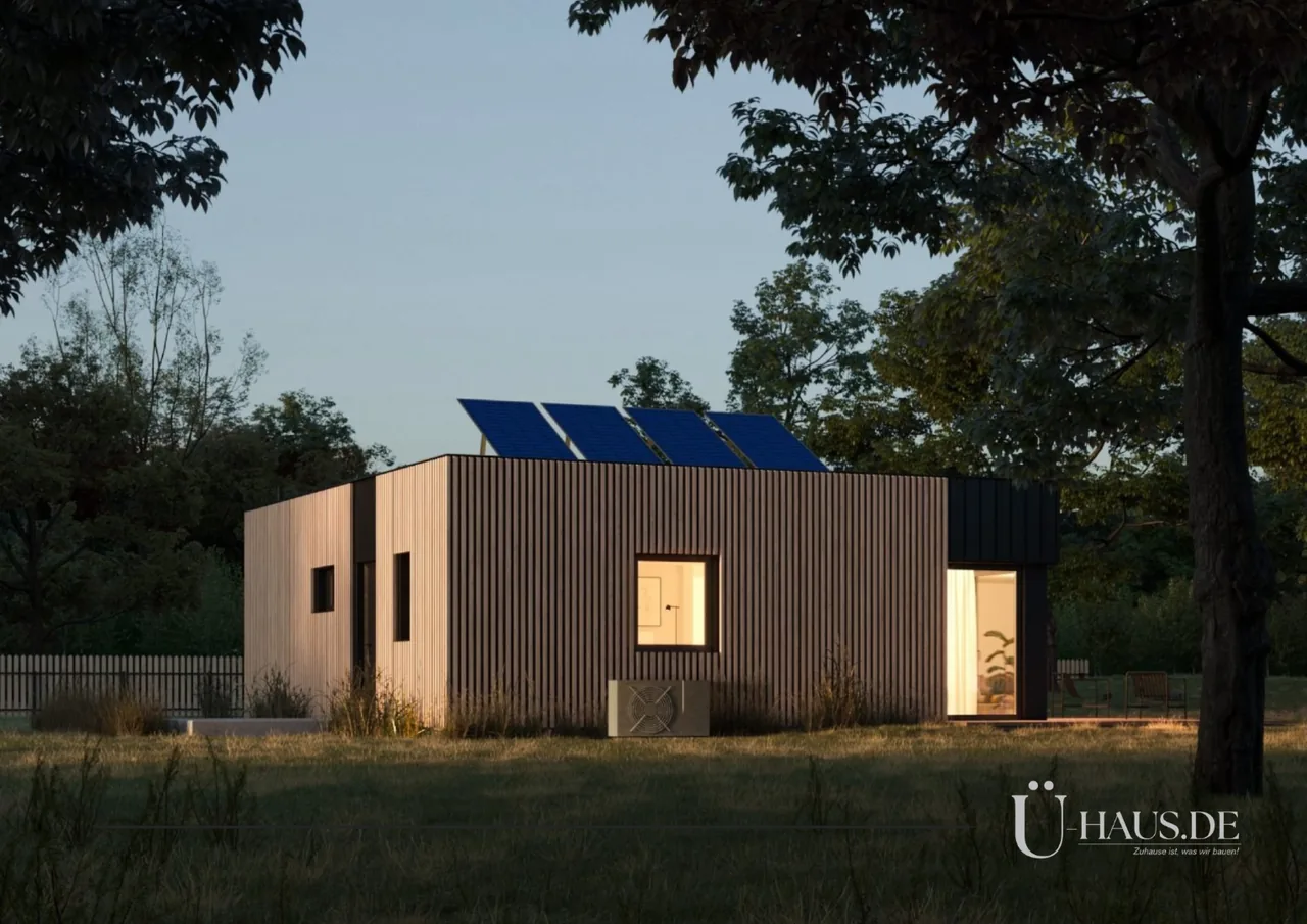 3D-Rendering eines modernen Einfamilienhauses mit minimalistischem Design, umgeben von gepflegter Landschaft und Hecken.