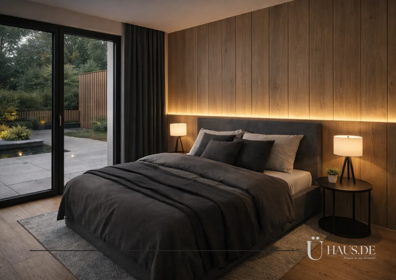 3D-Rendering eines modernen Einfamilienhauses mit Garten und Außenbereich, beleuchtet bei Tageslicht.